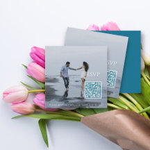 Modern Teal Blue Photo Minimalist Wedding QR Code