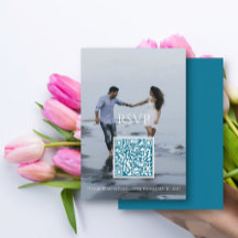 Modern Teal Blue Photo Wedding RSVP QR Code