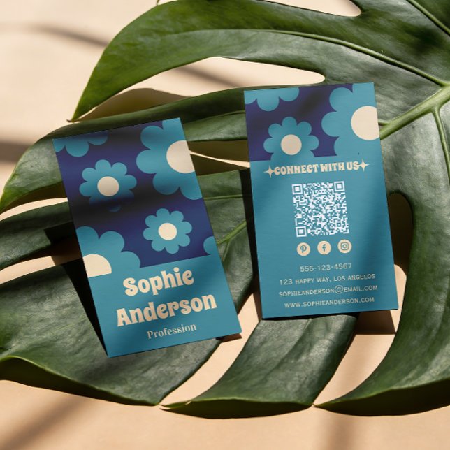 Modern Teal Blue Retro Floral Pattern with QR Code Business Card (Creator Uploaded)