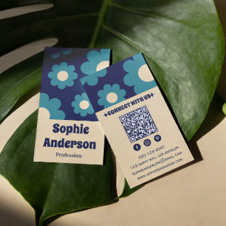 Modern Teal Blue Retro Floral Pattern with QR Code Business Card