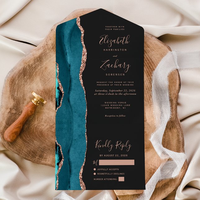 Modern Teal Blue Rose Gold Agate Dark Wedding All In One Invitation (Creator Uploaded)