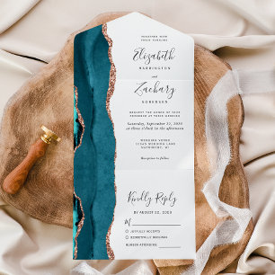 Modern Teal Blue Rose Gold Agate Wedding All In One Invitation