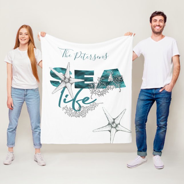 Modern teal blue sea life typography and your name fleece blanket (In Situ)