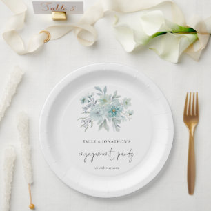 Modern Teal Blue Sea Mist Florals Engagement Party Paper Plate