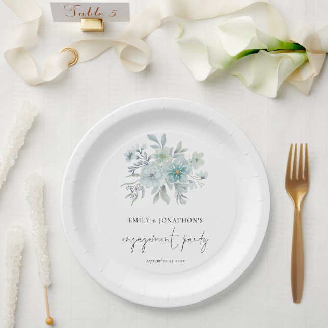 Modern Teal Blue Sea Mist Florals Engagement Party Paper Plate (Wedding)