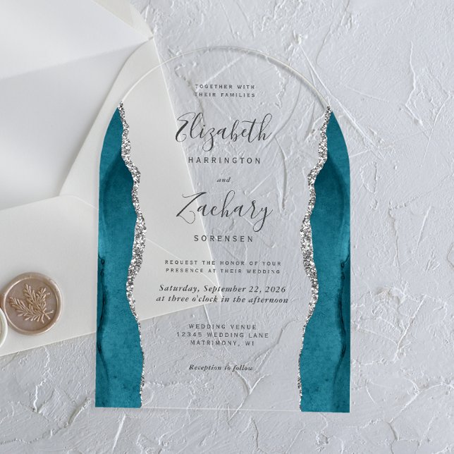 Modern Teal Blue Silver Agate Arch Wedding Acrylic Invitations (Creator Uploaded)