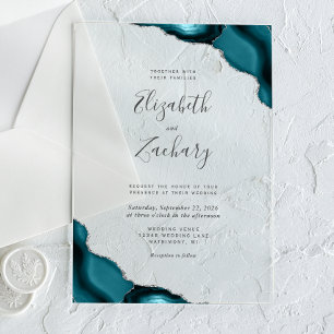 Modern Teal Blue Silver Agate Corners Wedding Acrylic Invitations