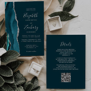 Modern Teal Blue Silver Agate QR Code Wedding Invitation