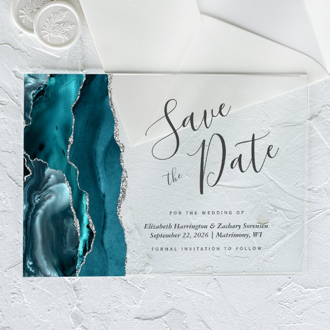 Modern Teal Blue Silver Agate Save the Date Card Acrylic Invitations (Creator Uploaded)
