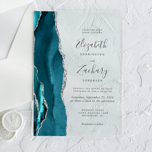 Modern Teal Blue Silver Agate Wedding Acrylic Invitations