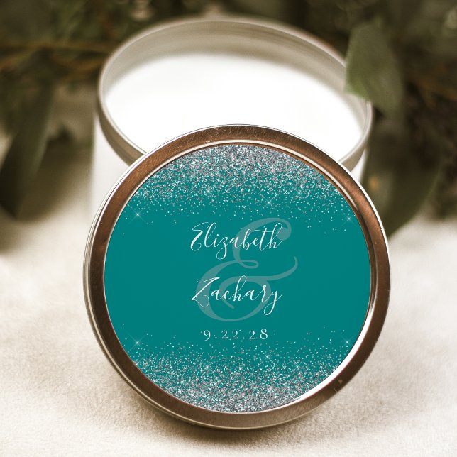 Modern Teal Blue Silver Glitter Edge Wedding Classic Round Sticker (Creator Uploaded)