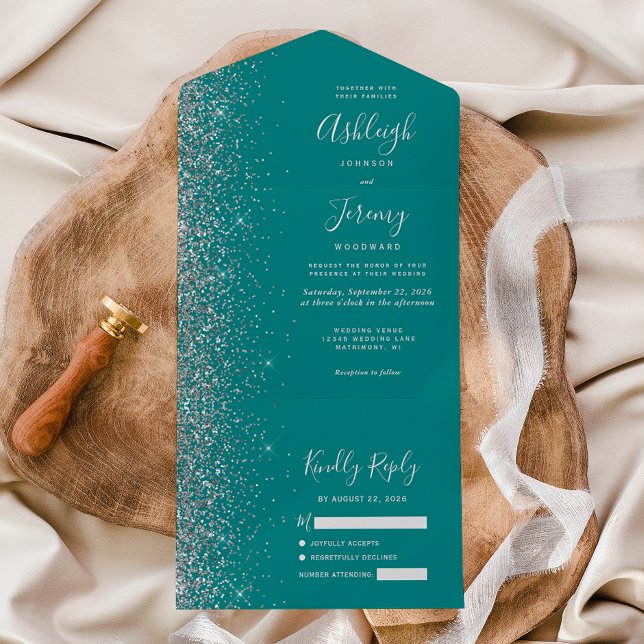 Modern Teal Blue Silver Glitter Wedding All In One Invitation (Creator Uploaded)