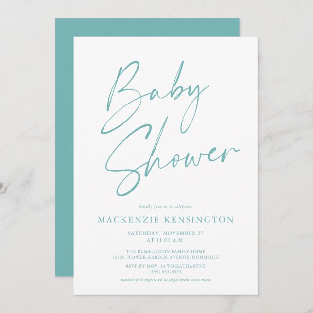 Modern Teal Blue Simple Script Baby Shower Invitation (Front/Back)