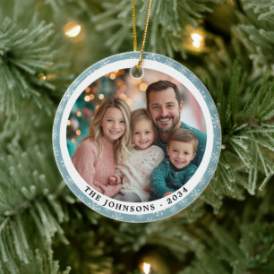 Modern Teal Blue Snowflakes Round Family Photo  Ceramic Tree Decoration