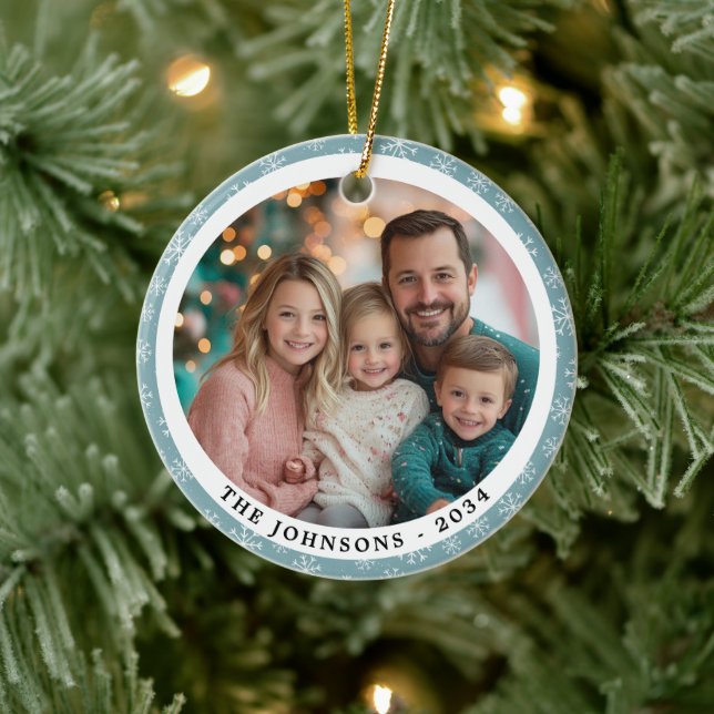 Modern Teal Blue Snowflakes Round Family Photo  Ceramic Tree Decoration (Tree)