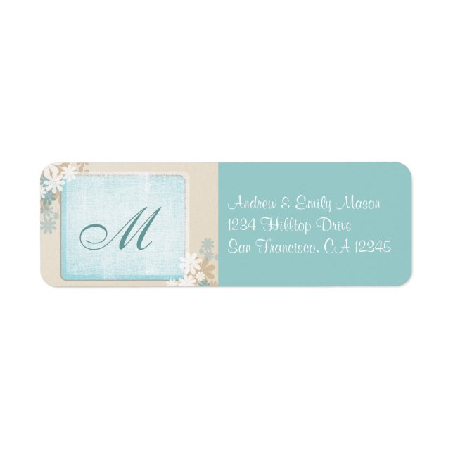 Modern Teal Blue & Tan Floral Monogram Address Lab (Front)