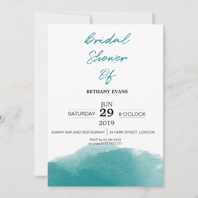 Modern Teal Blue Watercolor Bridal Shower Invite (Front)