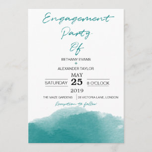 Modern Teal Blue Watercolor Scrip Engagement Party Invitation