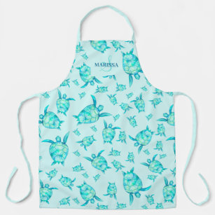 Modern teal blue watercolor sea turtles monogram apron