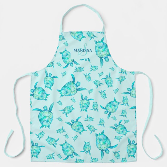 Modern teal blue watercolor sea turtles monogram apron (Front)
