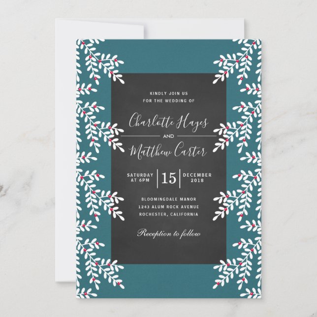 Modern Teal Blue Winter Wedding Chalkboard Invitation (Front)