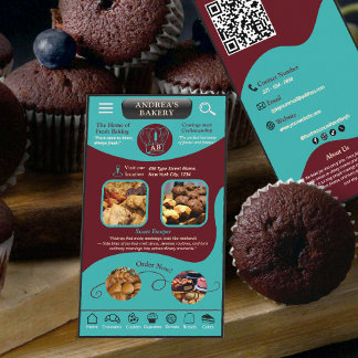 Modern Teal Burgundy Bakery Logo and QR Code   Business Card