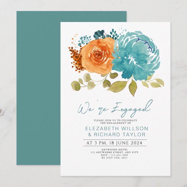 Modern Teal Burnt Orange Floral Engagement Party Invitation (Front/Back)