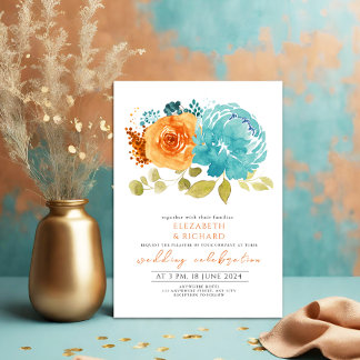Modern Teal Burnt Orange Marigold Floral Wedding Invitation