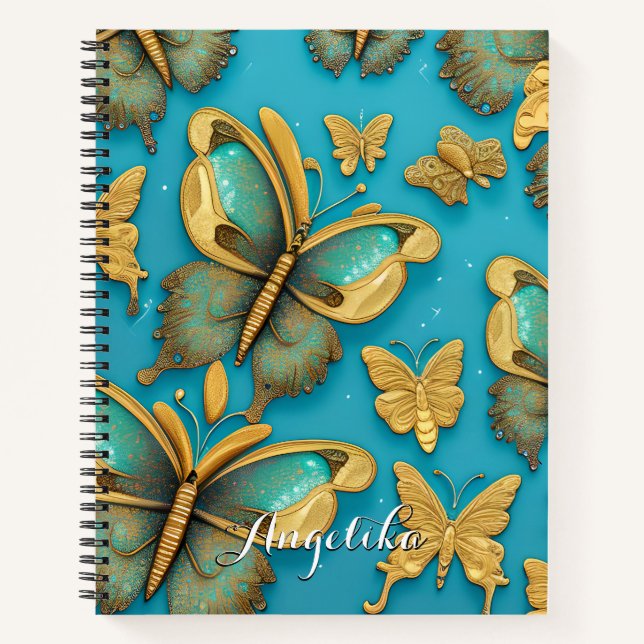 Modern Teal Butterflies Gold Glitters Notebook (Front)