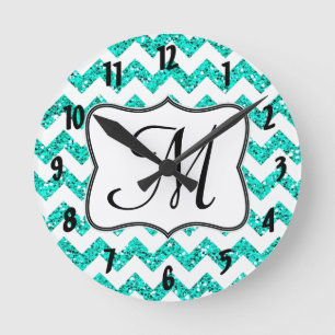 Modern Teal Chevron Monogram Initial Wall Clock