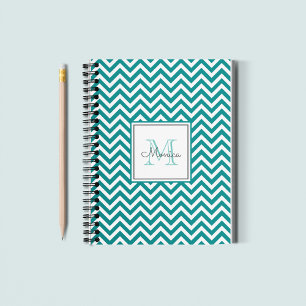 Modern Teal Chevron Pattern Monogram Notebook