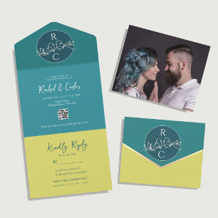 Modern Teal Citrus Green Monogram Photo Wedding All In One Invitation