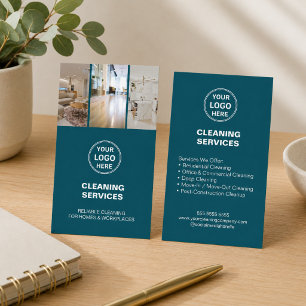Modern Teal Cleaning Services Photo Logo Business Card