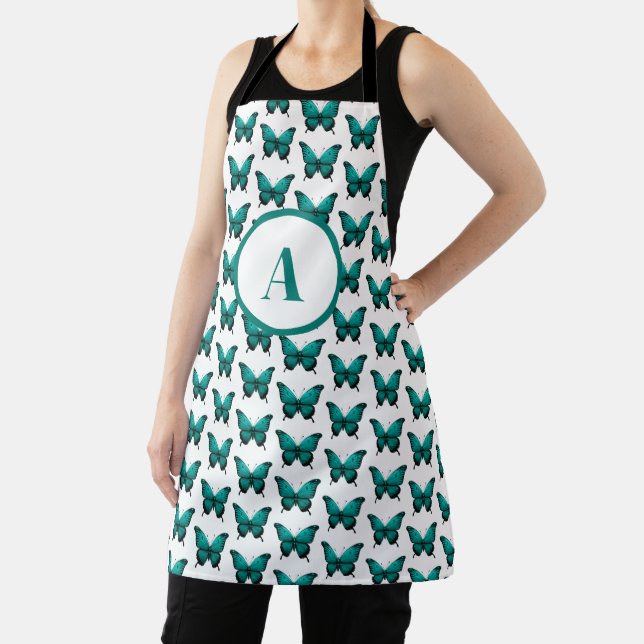 Modern Teal Cute Butterfly Pattern Monogram Apron (Insitu)