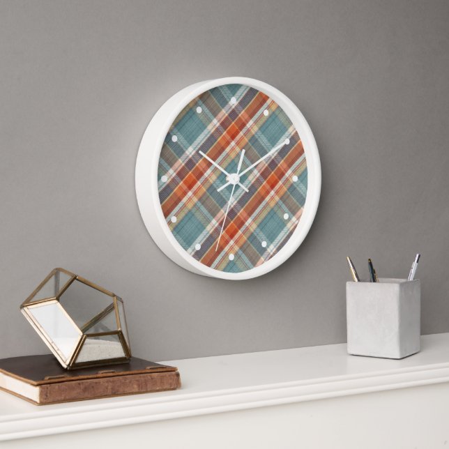 Modern Teal Dark Blue Orange White Plaid Pattern Clock (Office)