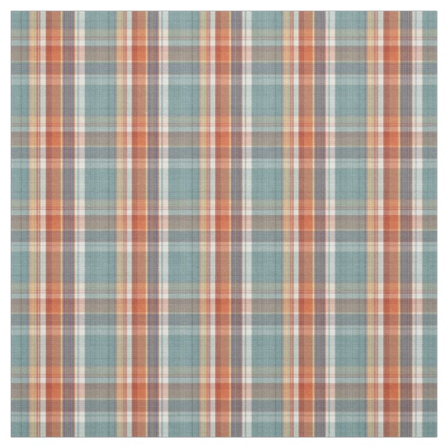 Modern Teal Dark Blue Orange White Plaid Pattern Fabric (Swatch)