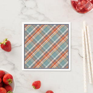 Modern Teal Dark Blue Orange White Plaid Pattern Napkin