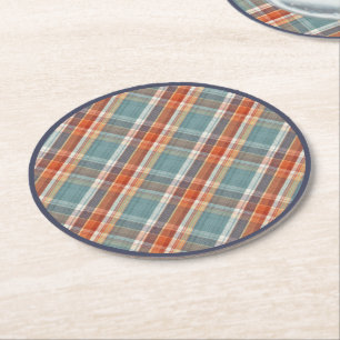 Modern Teal Dark Blue Orange White Plaid Pattern Round Paper Coaster