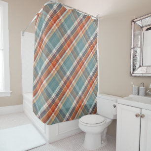 Modern Teal Dark Blue Orange White Plaid Pattern Shower Curtain