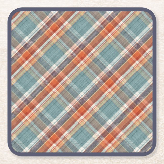 Modern Teal Dark Blue Orange White Plaid Pattern Square Paper Coaster (Front)