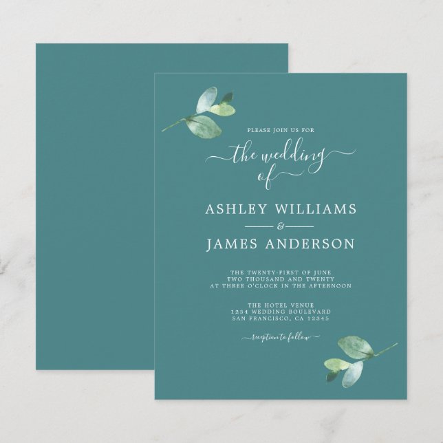 Modern Teal Eucalyptus Wedding Invitation (Front/Back)
