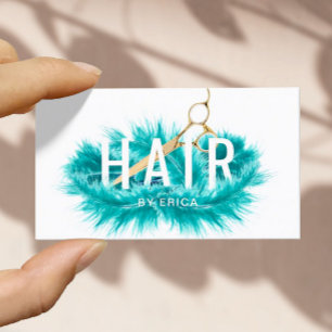 Modern Teal Feather & Gold Scissor Hair Salon Business Card