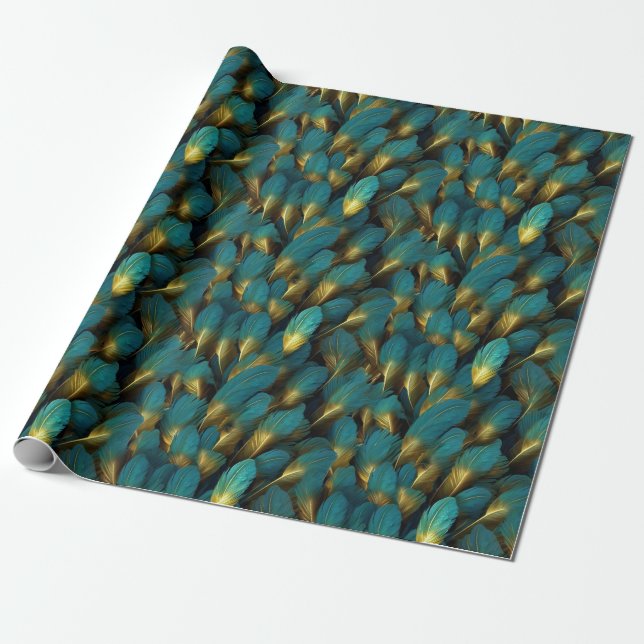 Modern teal feathers pattern wrapping paper (Unrolled)