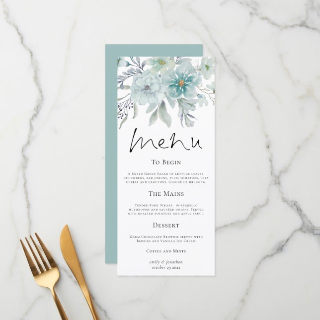 Modern Teal Florals Sea Mist Wedding Menu (Front/Back In Situ)