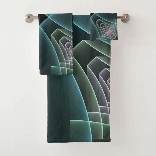 Modern Teal Geometric Fractal Art Graphic Bath Towel Set (Insitu)