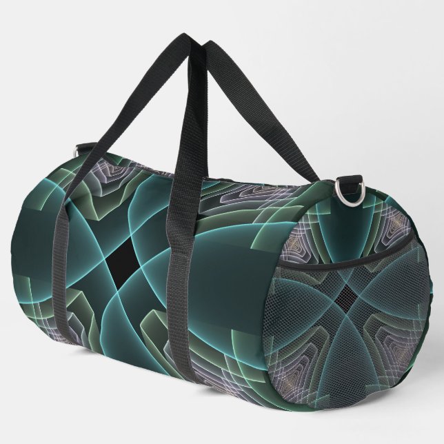 Modern Teal Geometric Fractal Art Graphic Duffle Bag (Right Corner)