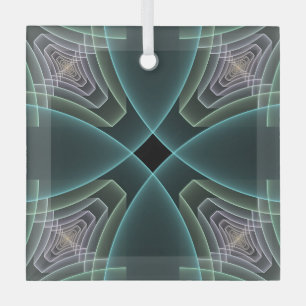 Modern Teal Geometric Fractal Art Graphic Glass Tree Decoration