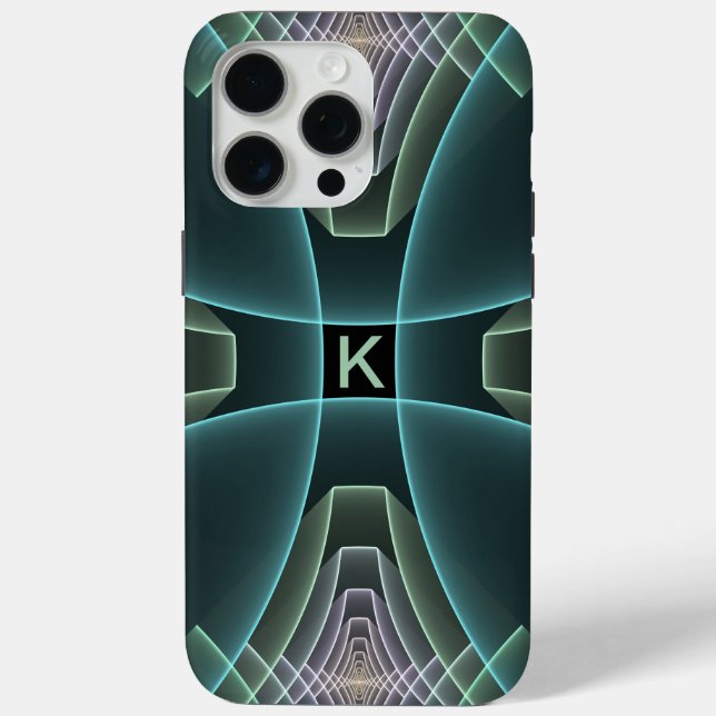 Modern Teal Geometric Fractal Art Graphic Monogram Case-Mate iPhone Case (Back)