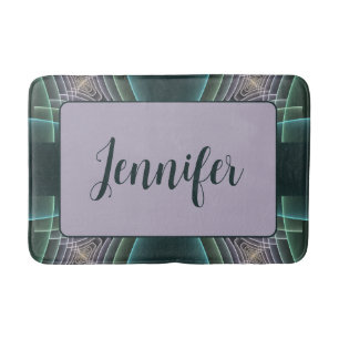 Modern Teal Geometric Fractal Art Graphic Name Bath Mat