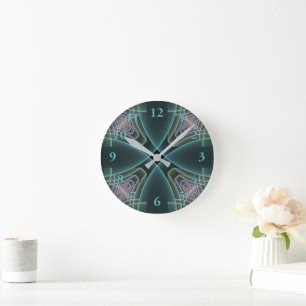 Modern Teal Geometric Fractal Art Graphic Round Clock